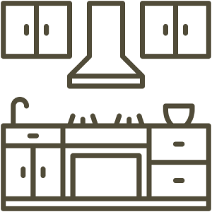 Full kitchen with stove, oven, fridge, and cookware Icon